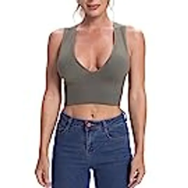 Venbond Women's Sexy Sleeveless Seamless Crop Top Deep Plunge V Neck Ribbed Tank Top with Removable Pads