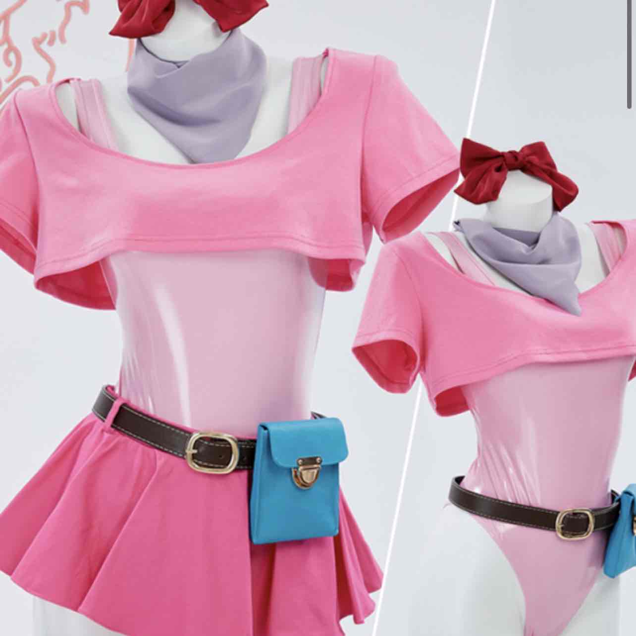 Bulma Derivative Sexy Lingerie Set Pink Bodysuit and Crop Top with Mini Skirt and Waist Bag Cosplay Costume