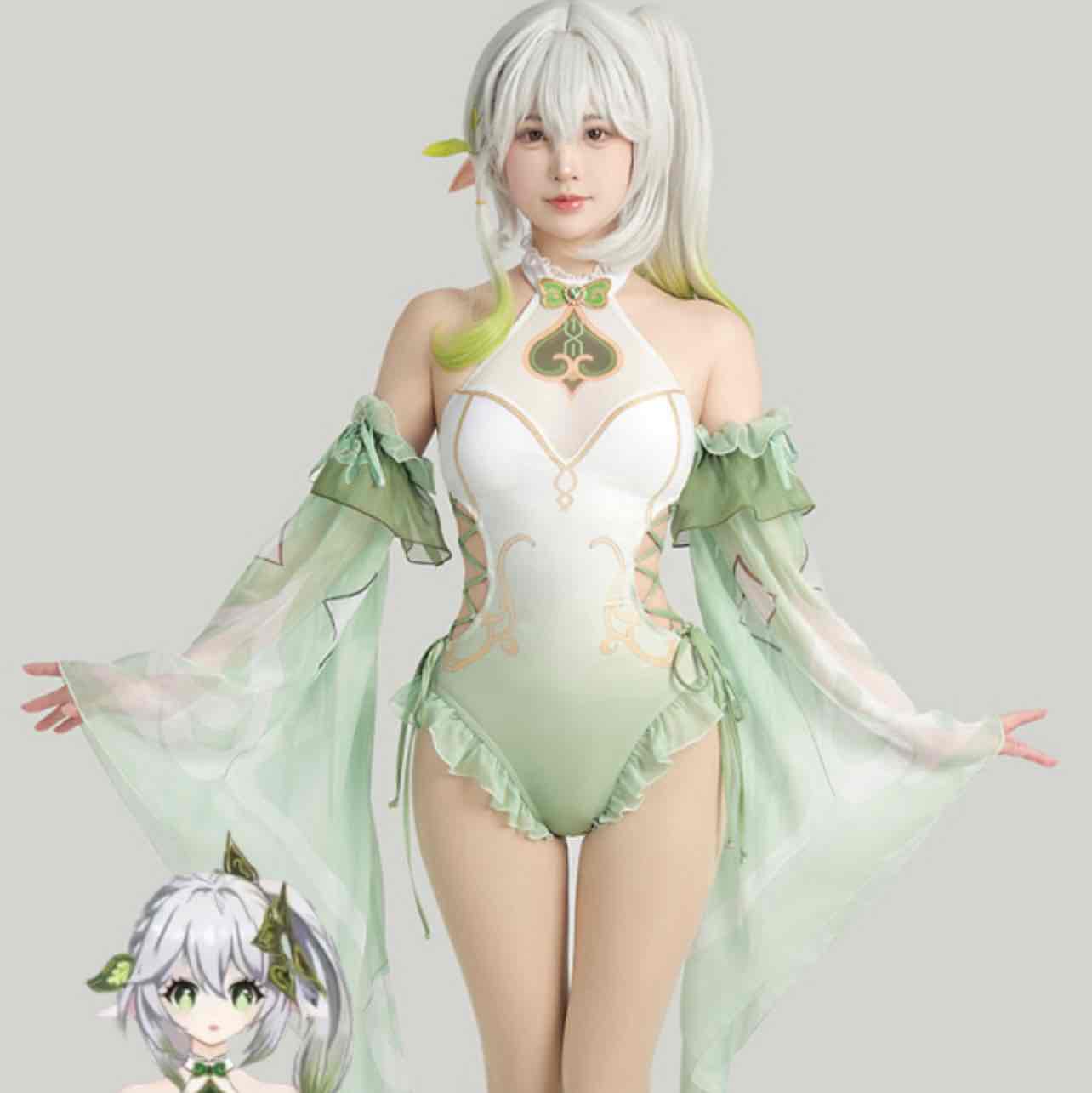 Genshin Impact Nahida Derivative One-Piece Swimsuit Halter Side Lace-up Swimwear Bodysuit Bathing Suit with Sleeves