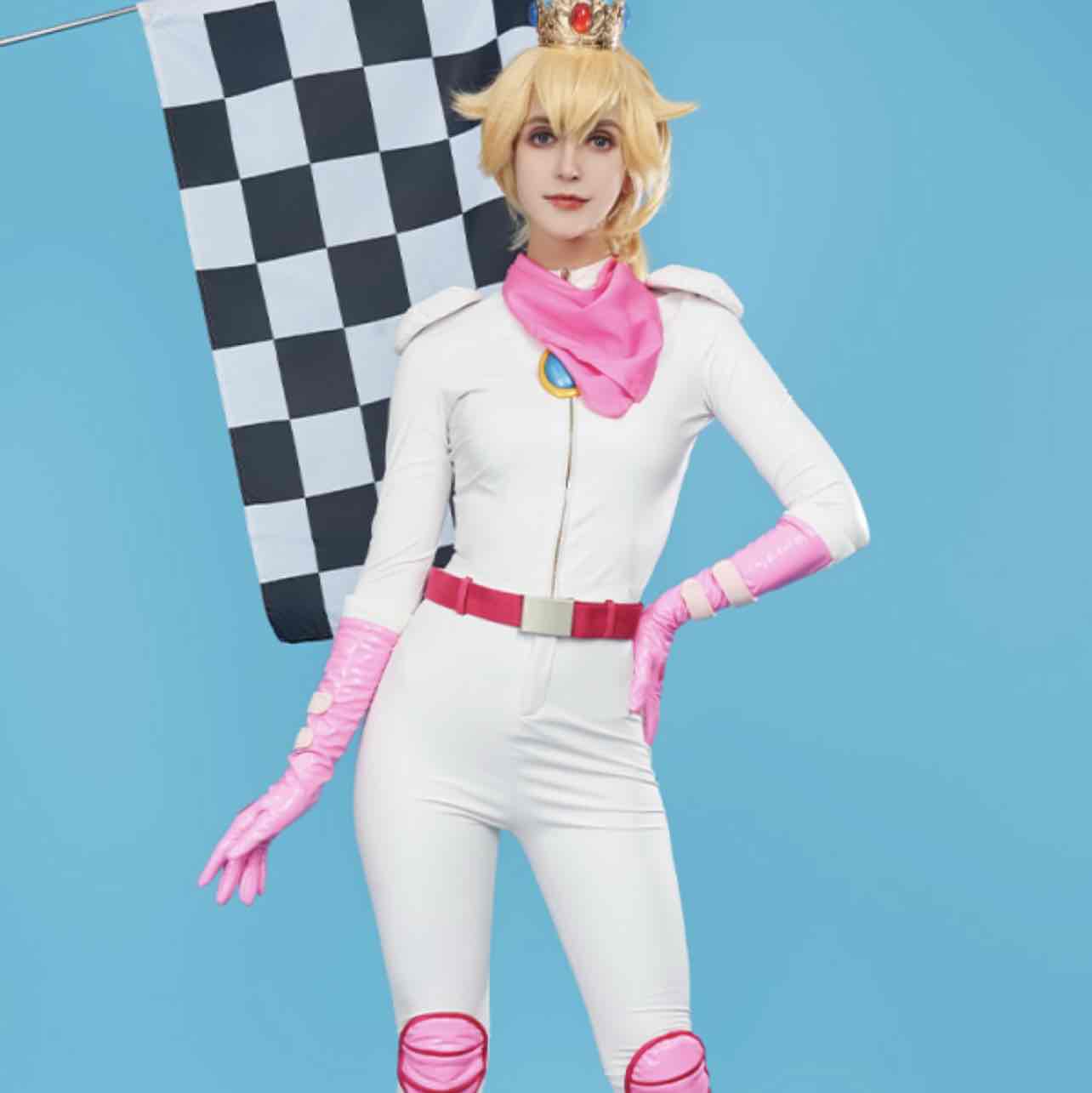 Peach Cosplay Costume Biker Suit Slim Top and Pants with Belt and Gloves