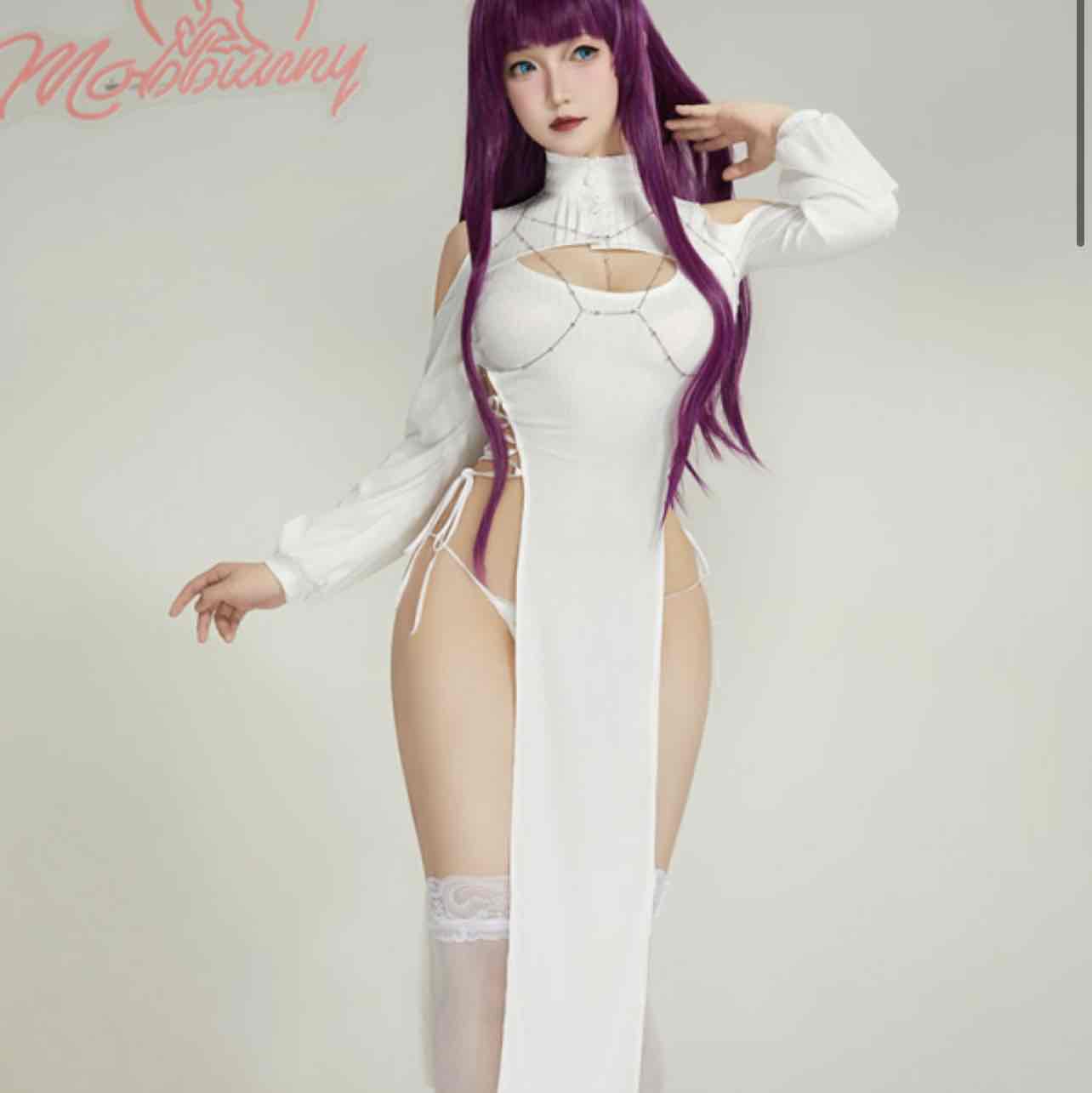 Fern Derivative Sexy Lingerie Set Cutout High Slit Dress and Thong with Stockings Chest Chain