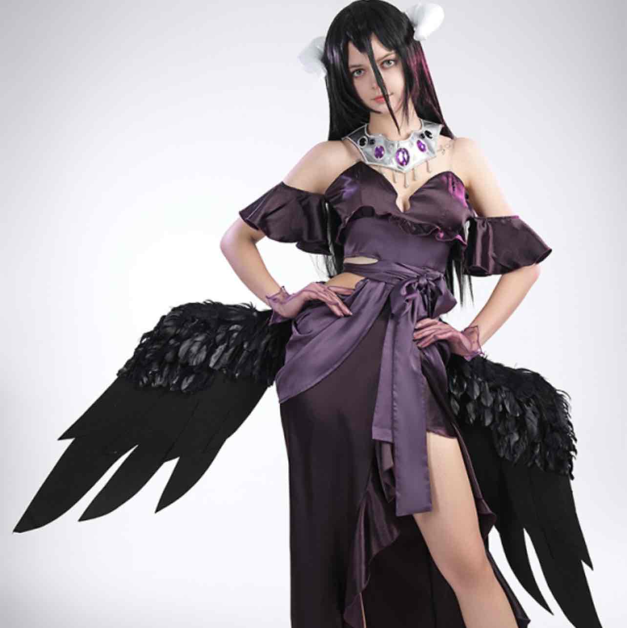 Overlord Albedo Cosplay Costume Deep V Off-shoulder Evening Dress Set with Gloves