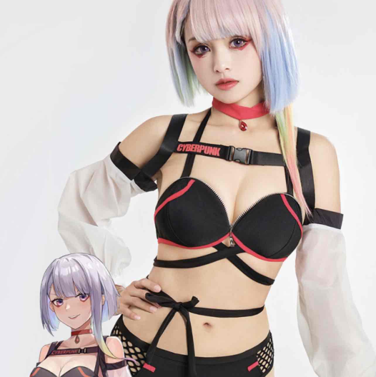 Cyberpunk Lucy Derivative Sexy Swimsuits Lace-up Swimwear Top and Bottoms Bikini Sets with Choker and Cover-up