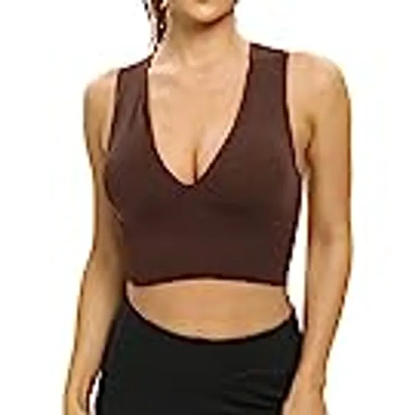 Venbond Women's Sexy Sleeveless Seamless Crop Top Deep Plunge V Neck Ribbed Tank Top with Removable Pads