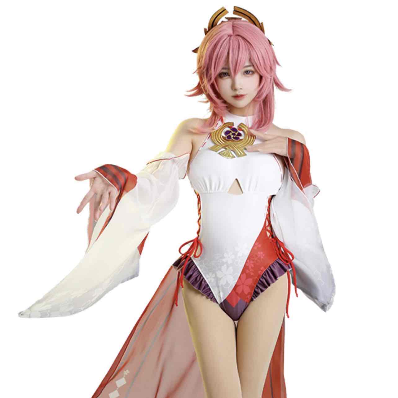 Miccostumes Swimsuits Yae Miko Derivative Halter One-Piece Swimwear Side Lace-up Beach Bathing Suit with Trumpet Sleevesand Chiffon Skirt