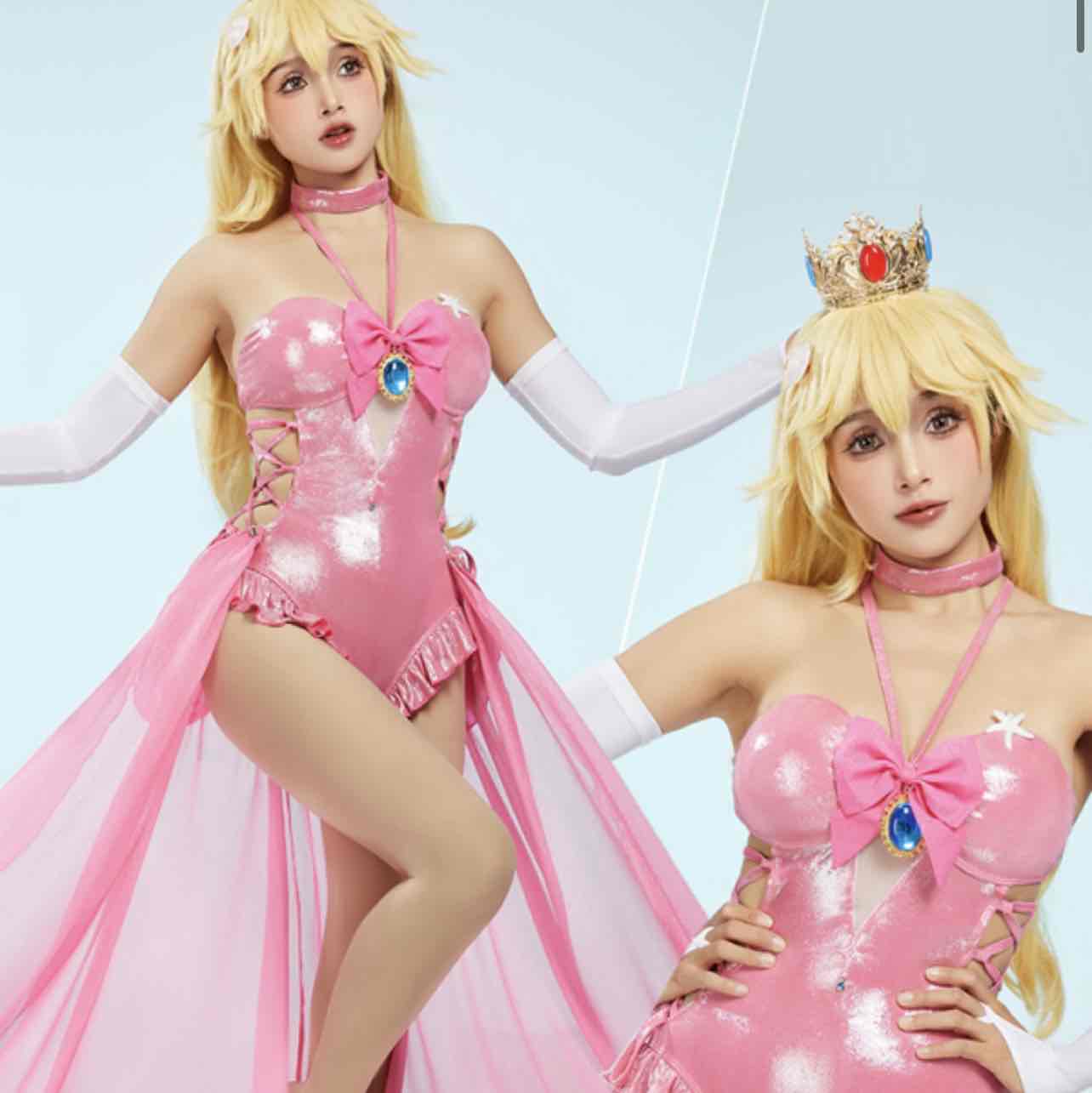 Halloween Women Peach Pink Princess Derivative Lingerie Set with Choker Gloves Thong and Stockings