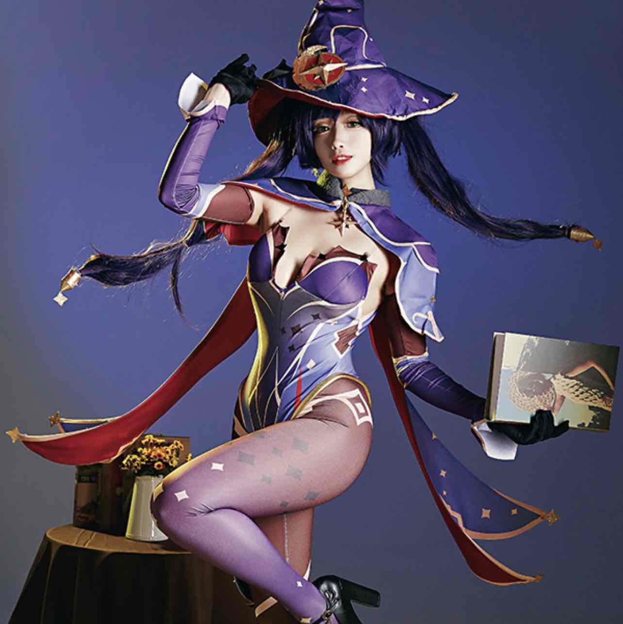 Genshin Impact Astrologist Mona Megistus Bodysuit Set Cosplay Costume Outfits with Hat and Shawl