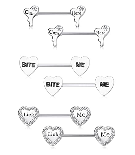 Finrezio 3 Pairs 14G Nipple Rings Stainless Steel Nipple Heart Shape Piercing Barbell with Carved Tongue Bars Rings Body Piercing Jewelry for Women