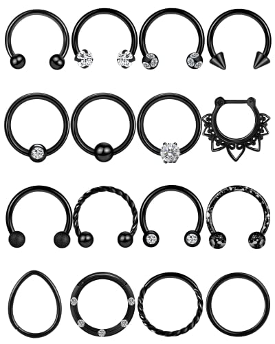 Defrsk 16-32Pcs 16G Septum Rings Surgical Steel Nose Septum Jewelry Nose Piercing Jewelry Black Septum Rings Horseshoe Helix Tragus Earring Lip Rings Black Nose Hoop for Women Men - Black 16pcs