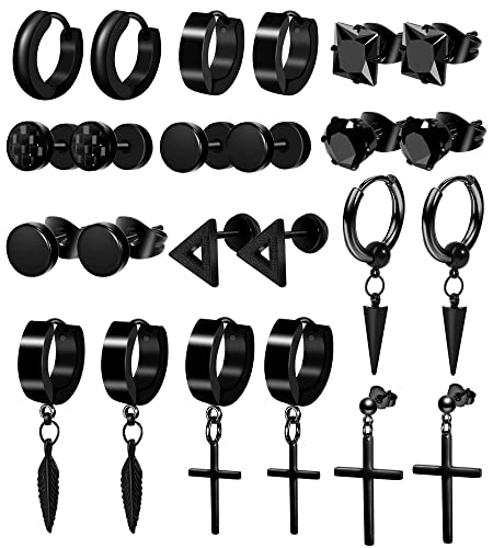 ONESING 12-17 Pairs Earrings for Men Black Stud Earrings Mens Earrings Black Hoop Earrings Stainless Steel Cross Earrings Set Jewelry Piercings for Men Women - Style A - 12 Pairs