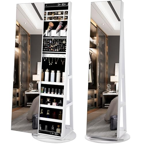 LVSOMT 360° Swivel Jewelry Armoire Cabinet, Full Length Mirror with Jewelry Storage, Standing Jewelry Armoire Organizer with Mirror, Rotatable, Large Capacity (White) - White