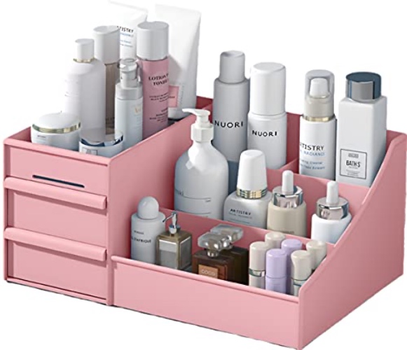 XIOU Makeup Desk Organizer with Drawers - Countertop Organizer for Cosmetics, Vanity Holder for Lipstick, Brushes, Lotions, Eyeshadow, Nail Polish and Jewelry (Pink) - Pink