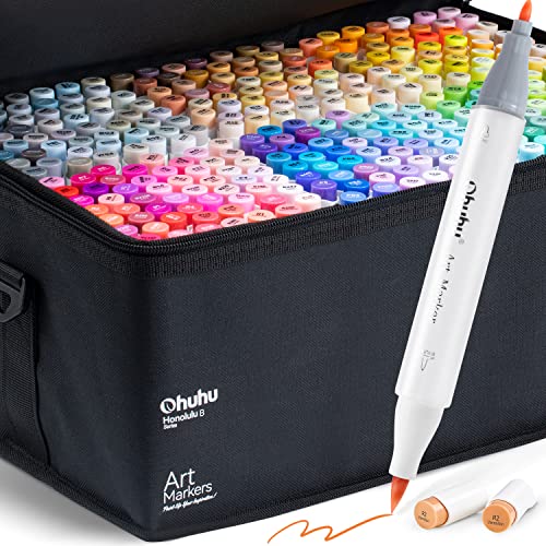 Ohuhu Refillable 320 Colors Alcohol Markers Brush Tip- Double Tipped Alcohol-based Art Sketch Marker Set for Artist Adults Coloring Illustration - Honolulu B of Ohuhu Markers -Brush & Fine Dual Tips - Fine & Brush