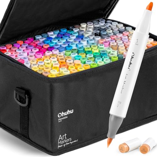 Ohuhu Brush Markers - 216-color Double Tipped Alcohol-based Art Marker Set for Artist Adults Coloring Illustration -Brush & Chisel Dual Tips - Honolulu Series of Ohuhu Markers - Refillable Ink - Alcohol Based Dual Tipped Art Markers