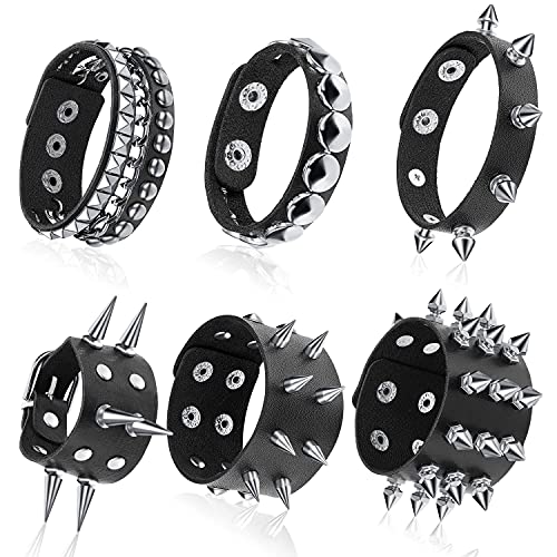 Hicarer 6 Pcs Spiked Studded Bracelets Punk Leather Rivets Bracelet Cuff for Men Women Halloween Accessories - Classic Style