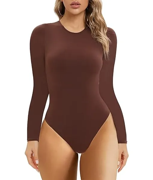 SHAPERX Body-Hugging Bodysuit for Women Long Sleeve/Short Sleeve High Stretch Leotard Top Thong Crew Neck