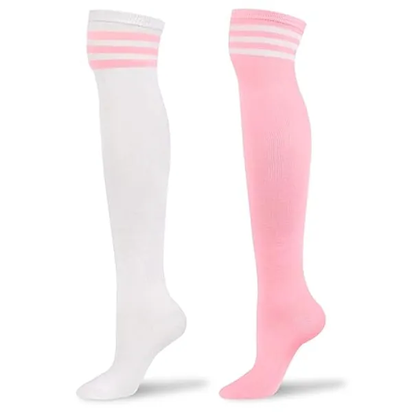 LittleForBig Knee High School Girl Long Striped Tube Stockings College Style Socks 2 Pairs - White and Pink