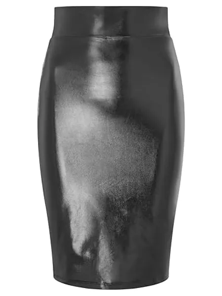 Ann Summers - Zuri Wet Look Bodycon Midi Skirt, Faux Leather Skintight Skirt, Wet Look Leather Midi Skirt, Sexy Secretary, PU Stretch Pencil Skirt - Black, Size
