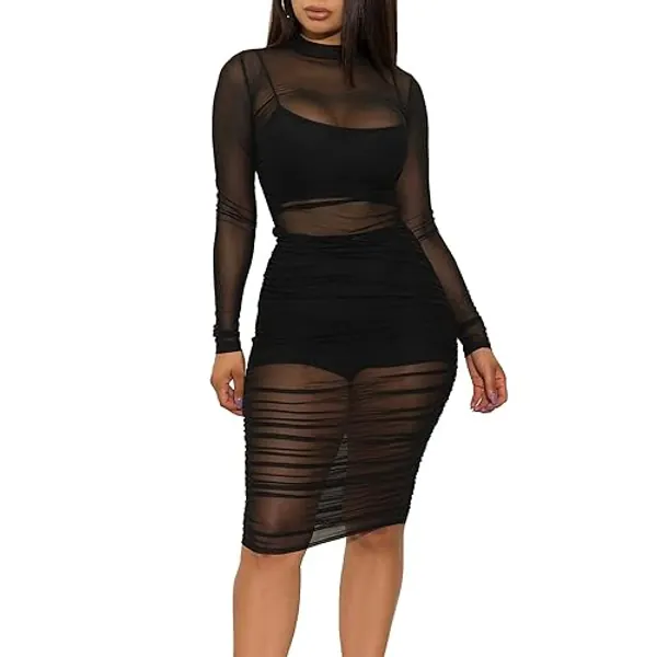 MIEAHORY Womens See Through Mesh Dress Jumpsuit Night Out Dress +Crop top and Shorts 3 Piece Outfit Set