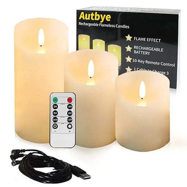Autbye Flameless Candles Electric with Rechargeable Battery (2019 Advanced Edition) Extra Bright Ivory 3 Pack 4" 5" 6" Dripless Real Wax Pillars LED Smart Candle Flickering with 10-Key Remote Control