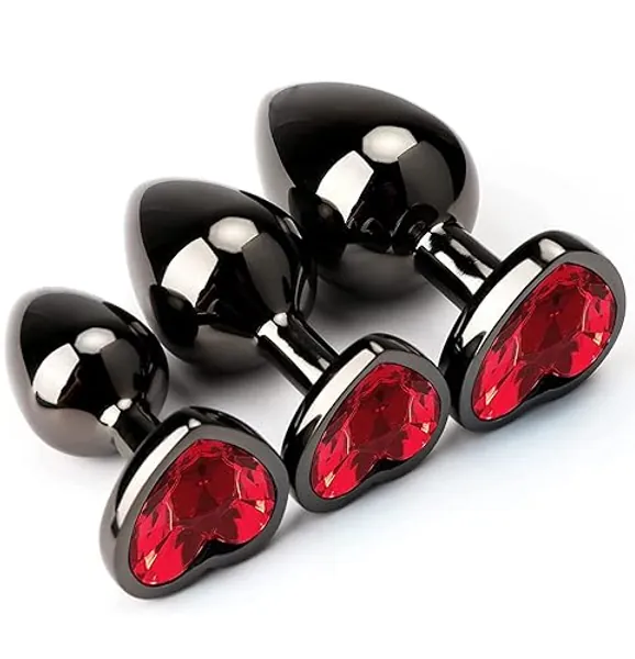 3Pcs Set Luxury Metal Butt Toys Heart Shaped Anal Trainer Jewel Butt Plug Kit S&M Adult Gay Solo Sexxy Anus Anal Plugs Woman Men Sex Gifts Things for Beginners Couples Large/Medium/Small (Red)