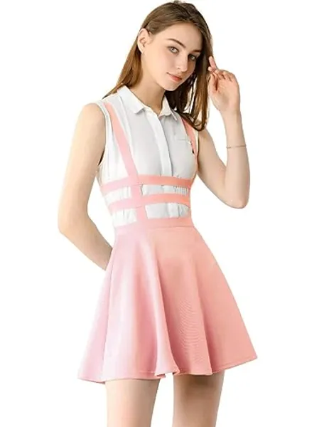 Allegra K Women's Christmas Costumes Pleated A-Line Elastic Waist Kawaii Braces Mini Suspender Skirt