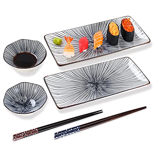 6 piece sushi plate set, 10-inch ceramic rectangle sushi dishes, sushi serving set for 2, with 2 sushi plates 2 sauce bowls 2 pairs of chopsticks