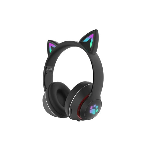 Kawaii Cat Ear Headset with Light-Up Paw Print Design - Black with box