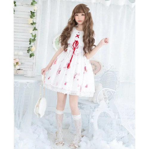 Musical Bunny Printed Lolita Dress in Red Wine Instock - White Dress / M