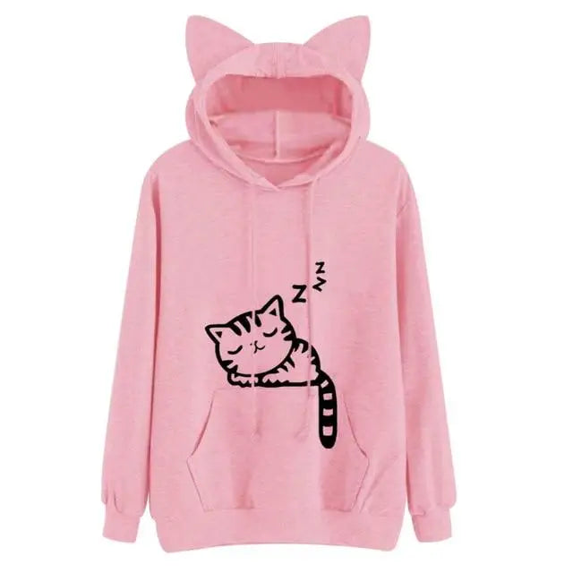 Cozy Kitten Pullover Hoodie for Sleepy Cat Lovers - Pink / S