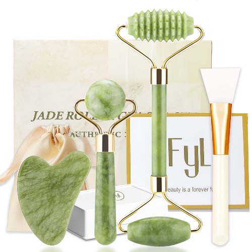 Xiuyan Jade Roller Gua Sha Set FYL 4-in-1 Authentic Massage Facial Roller for Skin, Eyes, Neck with Fridge Storage Case (Green)