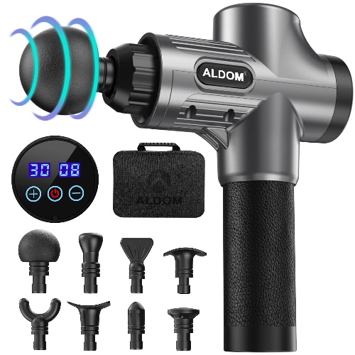 Massage Gun, ALDOM Massage Gun Deep Tissue Handheld Muscle Massage Gun 30 Speeds Deep Tissue Muscle Massager Percussion Massager with 8 Heads Powerful Muscle Gun for Athletes, Back Neck Massager - Silver Gray