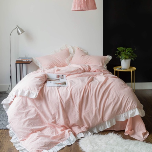 SUSYBAO Pink Striped Duvet Cover Queen 100% Washed Cotton Vintage Ruffle Duvet Cover Set 3 Piece 1 Peach Ruffle Duvet Cover with Zipper Ties 2 Pillow Shams Luxury Soft Kawaii Pink Ruffle Bedding Set - Queen (90 in x 90 in) Pink