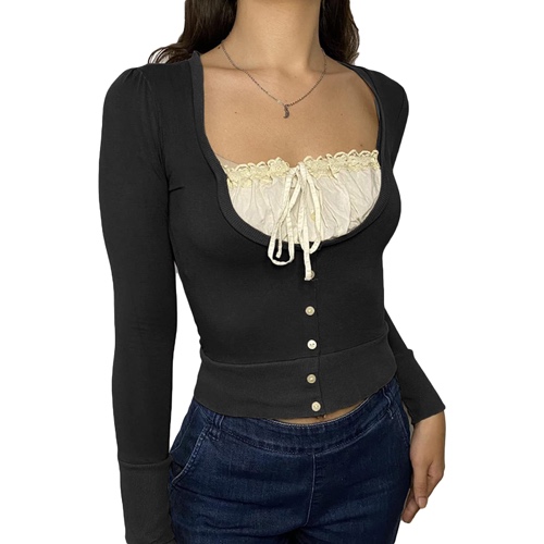 Y2k Fairy Grunge Vintage Long Sleeve Tops Aesthetic Graphic Print Shirts for Women Girls Fairycore Cute Tee - Black Patchwork Medium