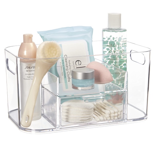 STORi Bliss 4-Compartment Plastic Vanity Organizer with Small Accessory Drawer in Clear | Rectangular Makeup, Skincare, & Cosmetic Storage Bin with Pass-Through Handles | Made in USA - Clear Organizer