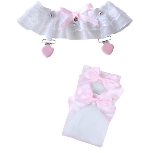 Lace Garter Stockings Sets Women Adjustable Sexy Leg Harness Garter Belts Gothic Kawaii Thigh Ring with Clip - White