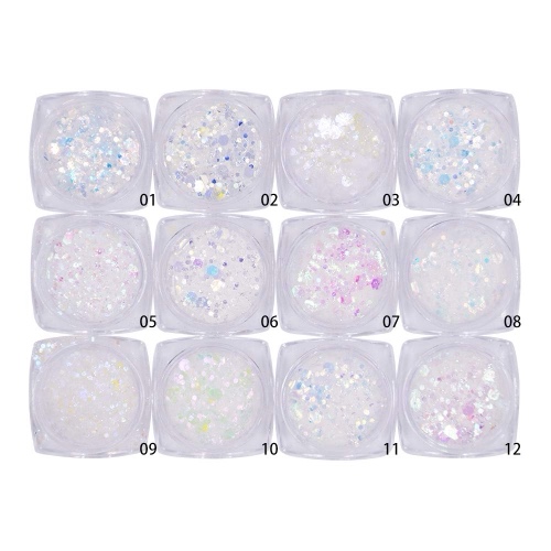 Minejin Nail Glitter Holographic Chunky Flakies Ultra-thin Iridescent Charming Sequins Powder Tips 12 Jar - 12 Color Holographic Sequins