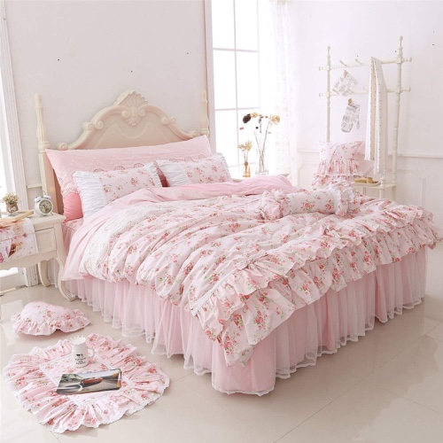 LELVA Romantic Roses Print Duvet Cover Set with Bed Skirt Pink Lace Ruffle Floral Shabby Chic Bedding Sets Twin 4 Piece - Pink Twin