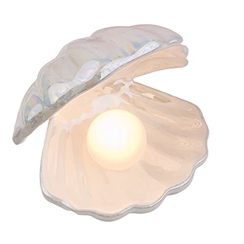 YYSS Japanese Style Ceramic Shell Pearl Night Light Streamer Mermaid Fairy Shell Night Lamp for Bedside Home Decoration Xmas GIF (White) - White