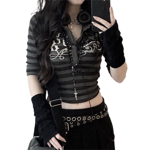 Women Sexy See Through Y2K Mesh Cardigan T-Shirt Ladies Girls Long Sleeve Button Down Lace E-Girl Crop Top - Grey Stripe Small