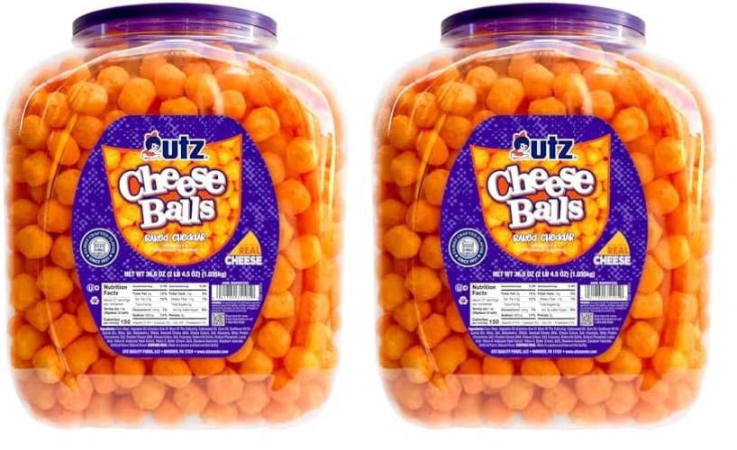 Utz Cheese Balls Barrel, Tasty Snack Baked with Real Cheddar Cheese, Delightfully Poppable Party Snack, Gluten, Cholesterol and Trans-Fat Free, Kosher Certified, 36.5 Oz (Pack of 2) - 2.28 Pound (Pack of 2)