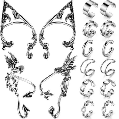 16 Pieces Elf Ear Cuffs Silver Piercing Ear Cuff Earrings Stylish Metal Sliver Colored Gothic Stud Earrings for Costume Cosplay Adult - 
