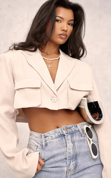 Stone Pocket Detail Super Cropped Blazer