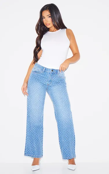 Petite Blue Textured Straight Leg Jeans