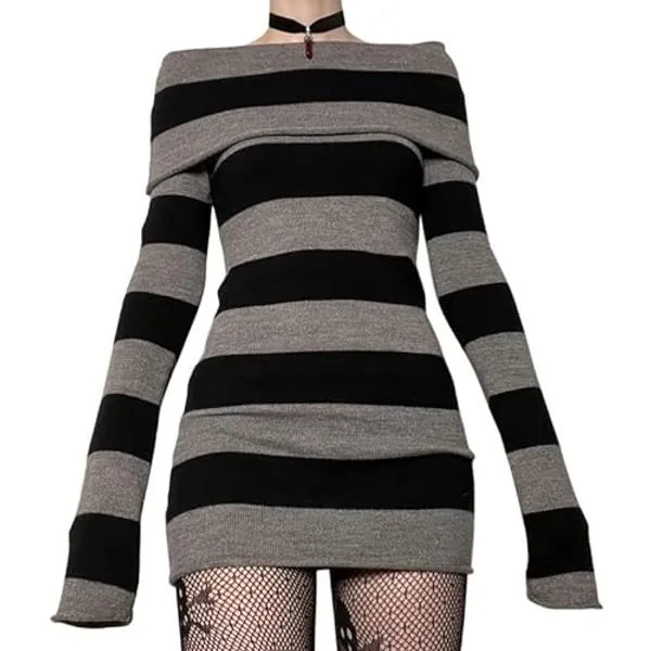 Women Goth Dresses Striped Off Shoulder Knit Dress Y2k Fairy Grunge Mini Dress 90s E-Girl Punk Gothic Academia Dress