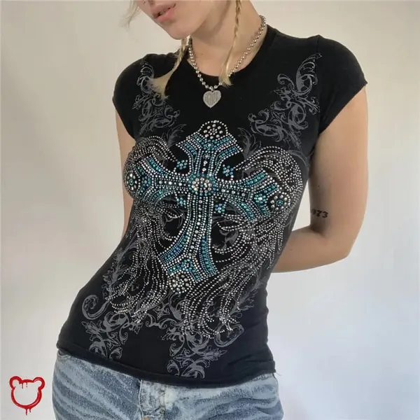 Rhinestone Cross Grunge Top