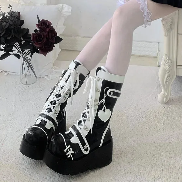 Black Goth Boots Plateau Heel Kawaii