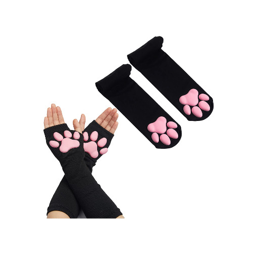 SIROLISA 3D-Silikon-Katzenpfoten-Fäustlinge mit Katzenohren, süßen Katzenpfoten, Zehen, Bohnen, Socken, hohe Strümpfe, Set für Frauen, Mädchen, Halloween, Weihnachten, Cosplay