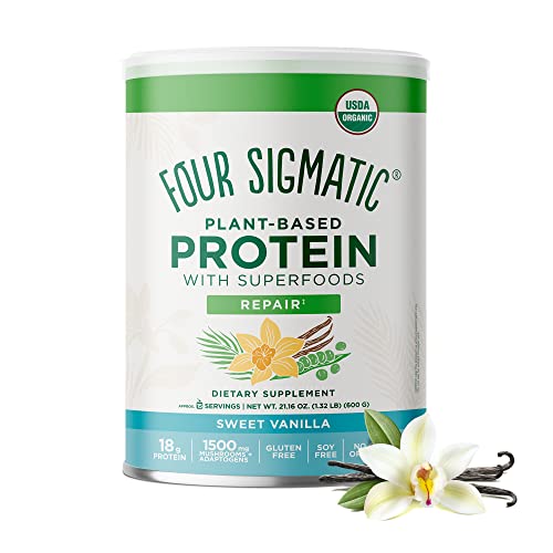 Four Sigmatic Organic Plant-Based Protein Powder Sweet Vanilla Protein with Lion’s Mane, Chaga, Cordyceps, and More | Clean Vegan Protein Elevated for Brain Function and Immune Support | 21.16 oz - Sweet Vanilla - 1.32 Pound (Pack of 1)