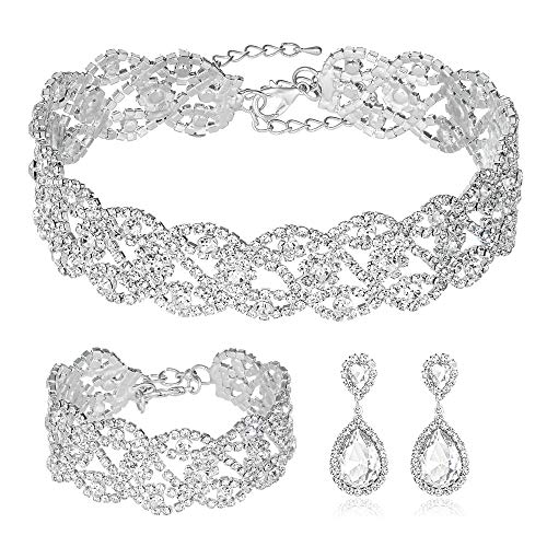 3/4 Pieces Women Jewelry Set Rhinestone Crystal Bride Statement Choker Necklace Tiara Crown Link Bangle Bracelet Teardrop Dangle Earrings Set for Wedding Party - Silver Plated White Earrings Bracelet Necklace set
